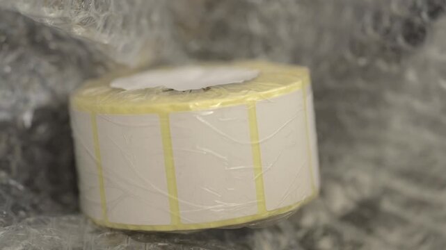 Blank shipping labels on a roll for thermal printing. Roll of adhesive white rectangular stickers for shipping or inventory purposes on bubble wrap background.