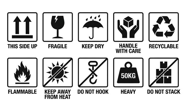 Industrial packaging symbols set, black cargo handling icons for shipping boxes, fragile and flammable warning labels for logistics and transport