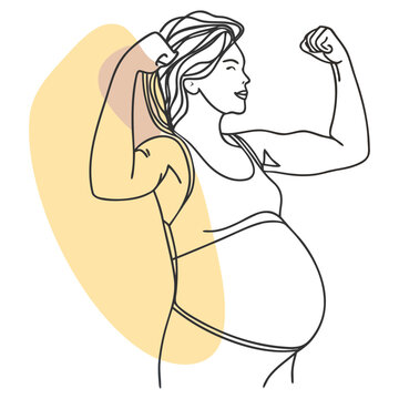 Strong pregnant woman flexing her arm muscles in a continuous line art drawing style with soft yellow abstract shapes featured on transparent background