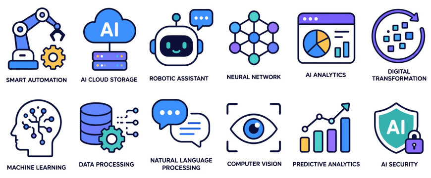 Set of professional artificial intelligence and machine learning vector icons featuring vibrant blue and purple colors showcasing modern technology concepts depicted on transparent background