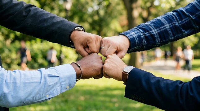 Close up of four diverse businessmen bumping fists in park representing team cooperation.