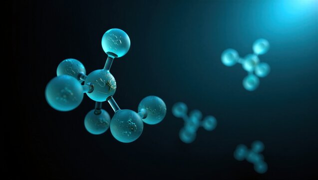 clean, scientific 3D render of transparent blue molecules in a tetrahedral arrangement, symbolizing chemistry, biotechnology, and medical innovation with a dark, futuristic aesthetic
