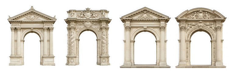 Fototapeta premium Set of four classical stone arches with ornate carvings and architectural details isolated on transparent background
