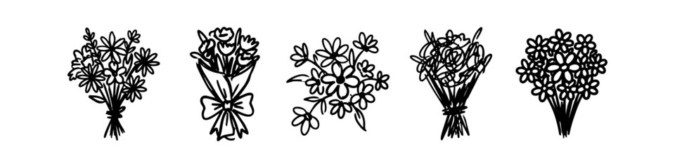 Set of five hand-drawn flower bouquet sketches in a minimalist black ink doodle style. Ideal for wedding invitations, greeting cards, and floral design elements. © Trends