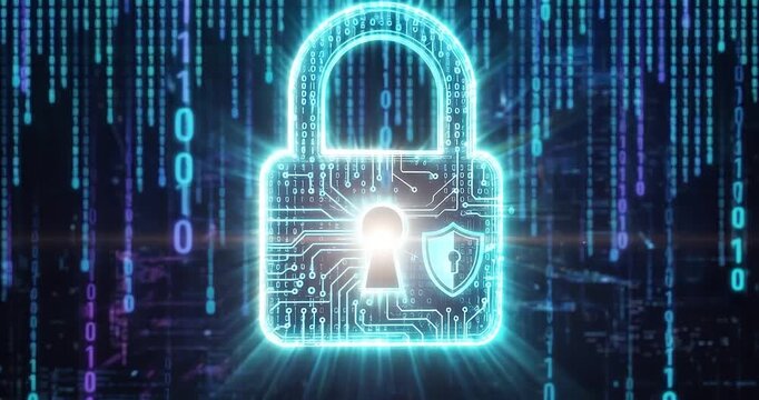 Cybersecurity and cyber security for data protection, privacy and information security with digital lock padlock glowing over binary code network security, internet security and encryption for secure