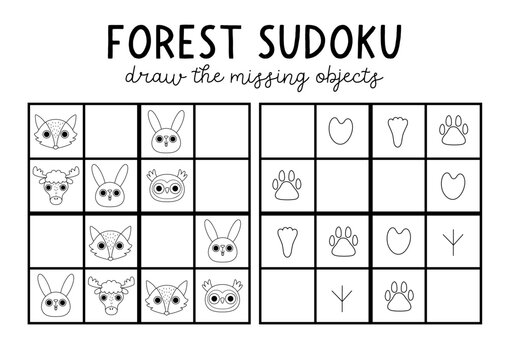 Vector forest animals black and white sudoku puzzle for kids with pictures. Woodland line quiz. Nature activity, coloring page with fox, owl, hare heads, footprints. Draw missing object