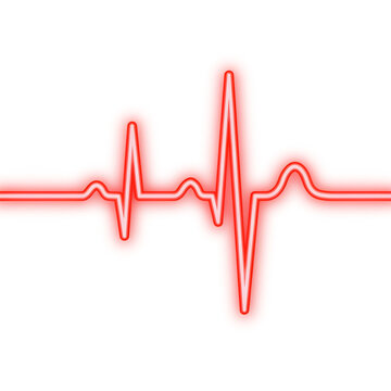 Red neon glowing heartbeat line, pulse rhythm on transparent background, ekg cardiogram chart