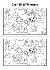 Fototapeta premium Forest black and white find differences game with boy looking on hedgehog on tree stump. Woodland line activity with animal. Puzzle for kids with cute scene. Printable worksheet, coloring page