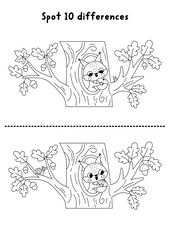 Fototapeta premium Forest black and white find differences game with squirrel in oak tree hollow with acorn. Woodland line activity with animal. Puzzle for kids with cute scene. Printable worksheet, coloring page