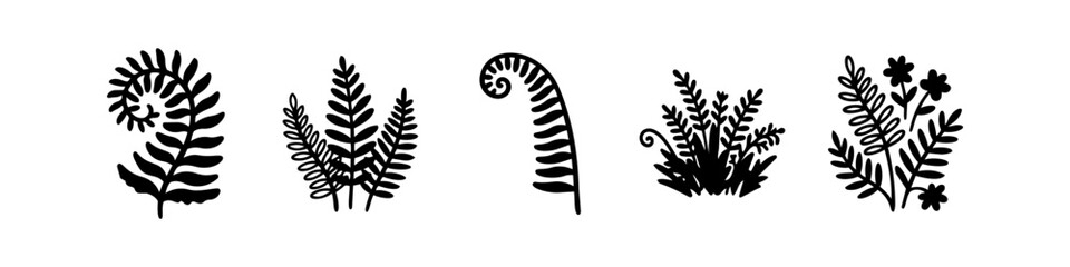 Minimalist set of five hand-drawn black fern and floral silhouettes on white background. Botanical doodle icons for nature-themed graphic design and crafts. © Trends