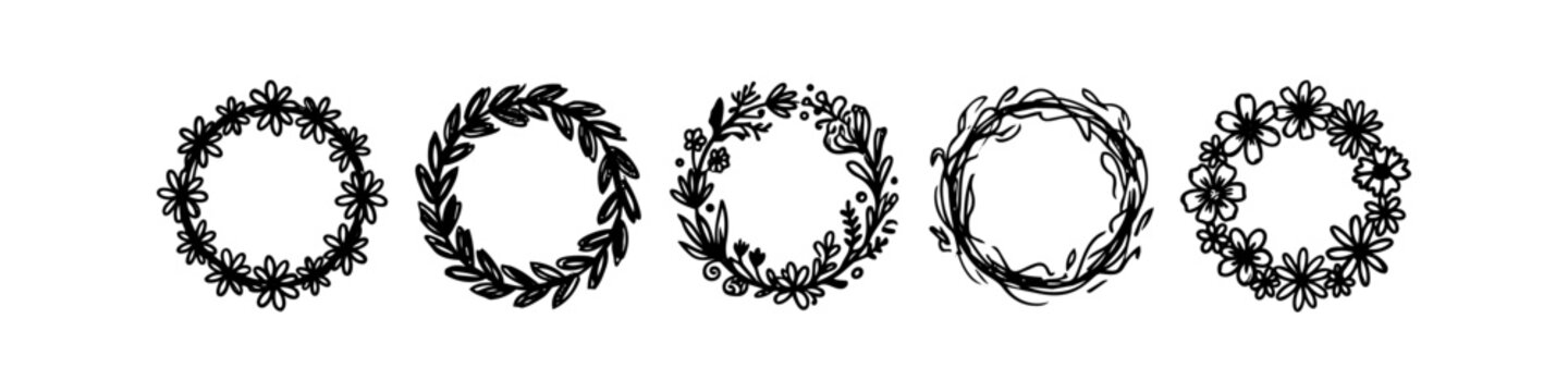 Set of five hand-drawn botanical wreaths and floral frames in black ink sketch style. Minimalist doodle circles with leaves and flowers for decorative design and invitations.