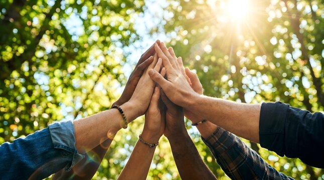 Low angle view of diverse hands stacked together in high five gesture under bright sun rays.