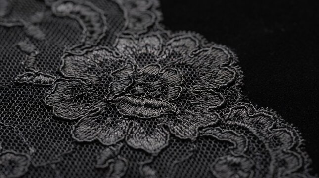 Intricate black floral lace lingerie fabric macro texture