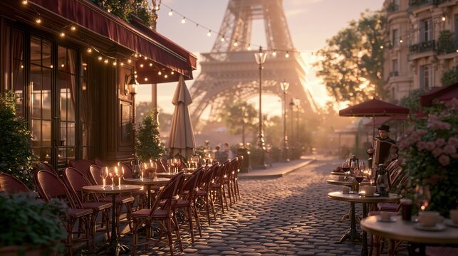 Paris France Europe lifestyle. A vivid portrayal of a Parisian cafe scene at sunset, with the iconic Eiffel Tower in the background. The cafe has a warm, inviting ambiance.