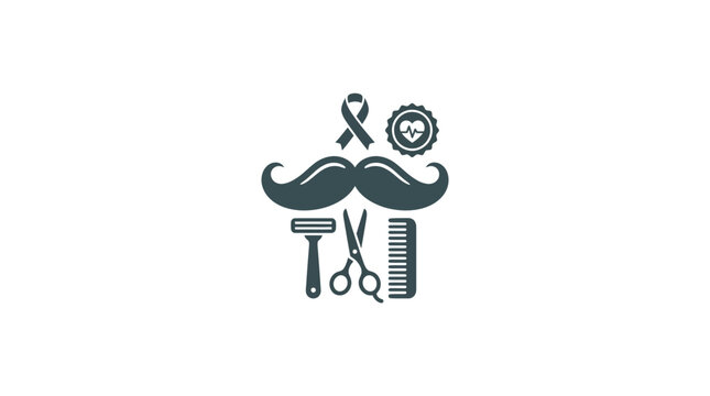 Men's Grooming Icon Set: Mustache, Razor, Scissors, Comb, Awareness Ribbon, Health