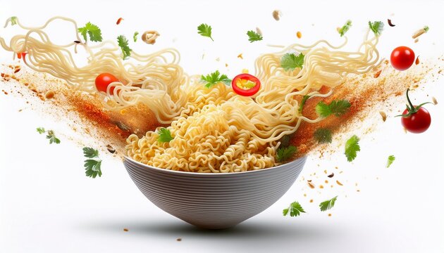 explotion of instant noodle from a bowl with vegetables and spices that making splashes of spices and noodle scattered flying on the air on a white background