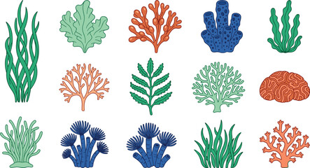 Flat Cartoon Line Art Coral Reef Vector Element Set with Colorful Seaweed Algae Tube Sponge Brain Coral and Aquatic Plant Icons © Mdsahidul