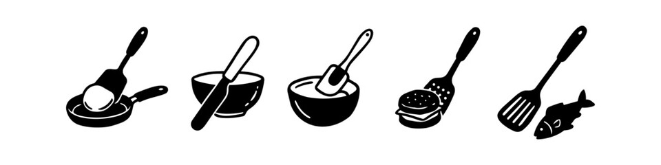 Minimalist black and white kitchen icon set featuring spatulas, eggs, burgers, and fish for culinary design. © Trends