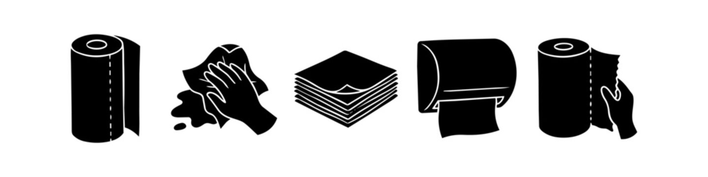 Black silhouette icons of paper towels, napkins, a dispenser, and hands wiping spills or tearing sheets. Professional vector set for cleaning and hygiene concepts.