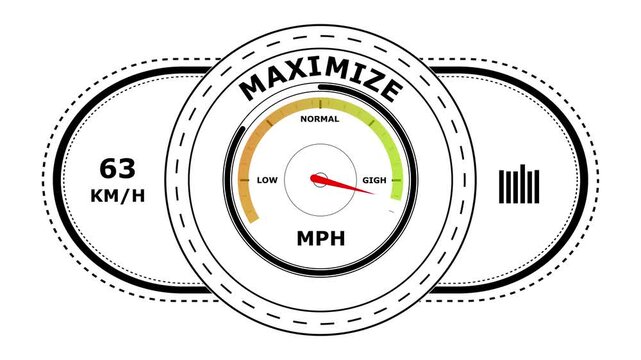 Circular gauge with the word maximize showing a red needle pointing towards levels on a white background with black outlines and text