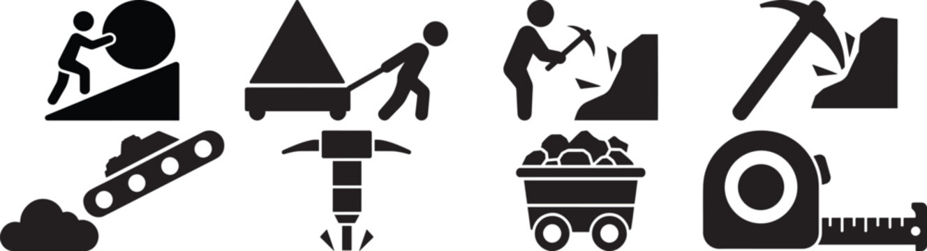 Collection of mining and construction icons depicting labor and equipment for resource extraction and building projects isolated on white background