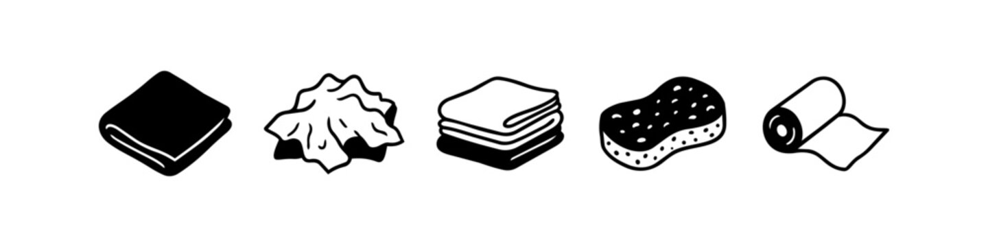 Black and white icons of cleaning supplies: folded cloth, crumpled rag, stacked towels, sponge, and paper towel roll. Simple, minimalist vector design.