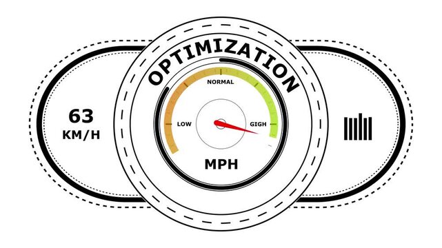 Circular speedometer gauge with the word optimization and digital speed indicators on a white background for automotive or performance dashboard concepts