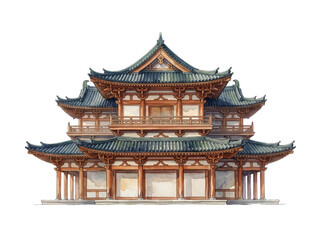 Fototapeta premium Intricate hand drawn watercolor painting of a traditional ornate hindu temple featuring elaborate stone carvings and golden details captured in a classic architectural style isolated on a plain on tra
