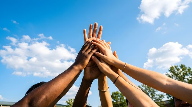 Many hands stacked together in unity against a bright blue sky with clouds.