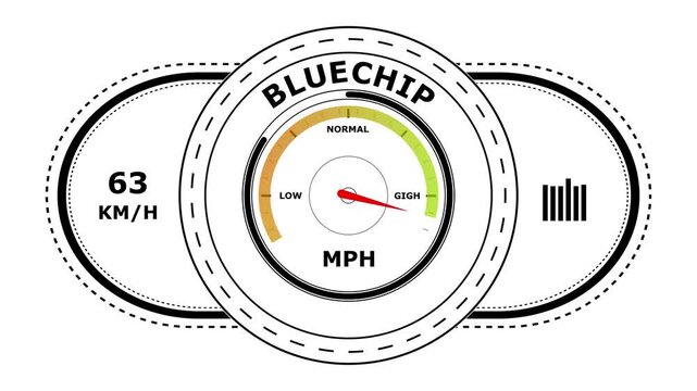 Circular speedometer gauge with the word bluechip and speed indicators for measuring performance levels on a white background