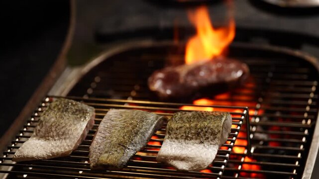 Traditional thai food, Grill fish flame barbecue fire seafood grate cooking heat fillet over hot charcoal with crispy skin smoky outdoor kitchen flavor glowing ember meat background
