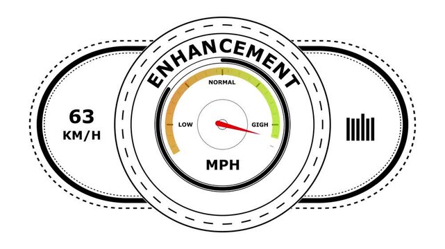 Enhancement mode circular dashboard gauge with red needle indicator showing speed level on a white background with black outline