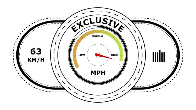 Exclusive mode circular dashboard gauge with red needle indicator showing speed level on a white background with black outline