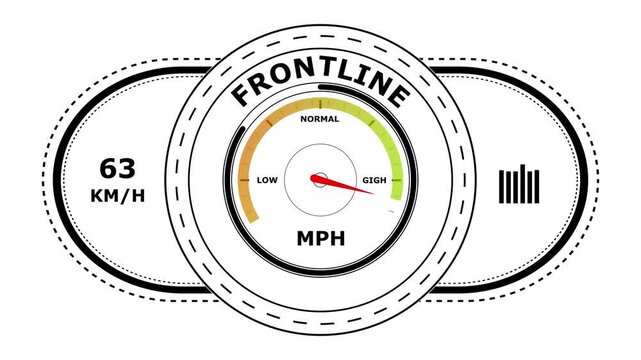 Circular gauge with the word frontline displayed in black text featuring a red needle pointing to on a white background isolated