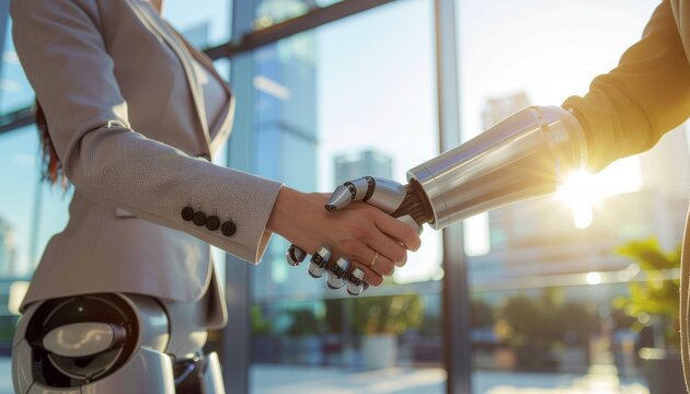 Business handshake between human and robot.