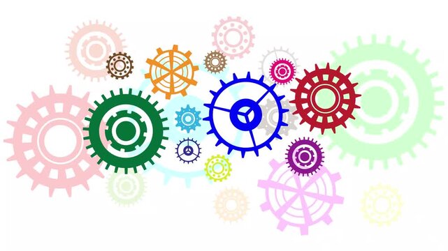 Abstract Engineering Concept with Multi-Colored Rotating Gear Mesh Animation