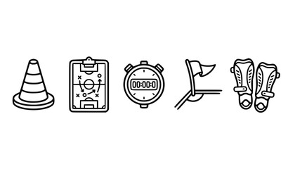 Minimalist Soccer Training and Football Strategy Line Icon Set with Traffic Cone, Tactics Clipboard, Stopwatch Timer, Corner Flag, and Shin Guards © Md