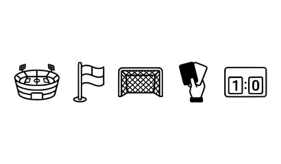 Minimalist Soccer Stadium and Football Match Line Icon Set with Corner Flag, Goal Net, Referee Cards, and Scoreboard Score Display © Md