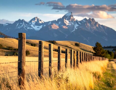 Golden hour over mountain meadow with wooden fence.