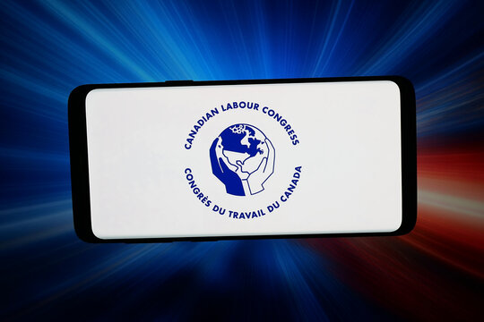 Stuttgart, Germany - 06-17-2026: In this photo illustration, the logo of trade union centre Canadian Labour Congress is displayed on a smartphone in front of abstract background on computer screen.
