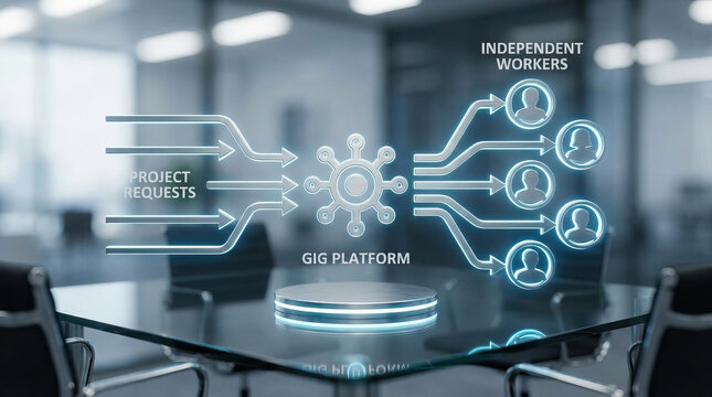 Gig economy concept showing project requests flowing into gig platform connecting to independent workers in modern office environment