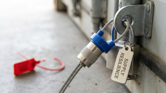 Cargo security seal logistics lock cable seal container padlock supply chain Close up cargo security seal logistics lock cable seal container padlock metal shipping door latch, supply chain