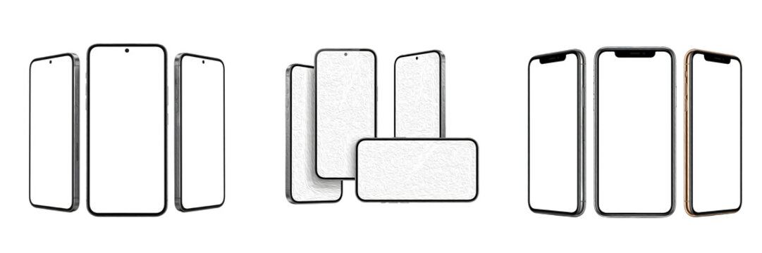 Set of Realistic Smartphone Mockups with Blank Screens in Various Perspectives Isolated on White Background for App UI/UX, Web Design, and Mobile Marketing