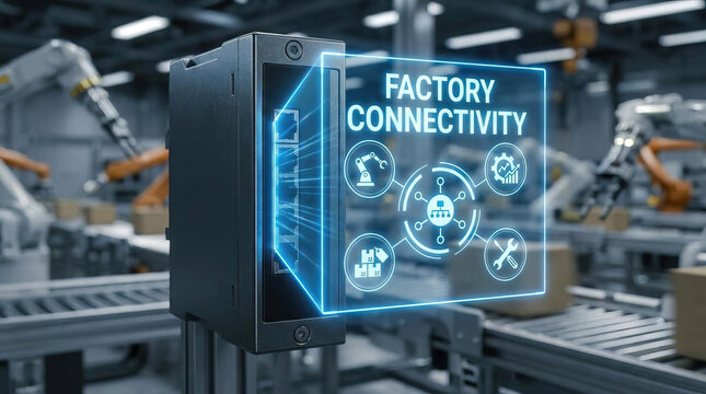Factory connectivity concept with iot gateway and controller device in manufacturing environment showing digital interface for smart factory automation