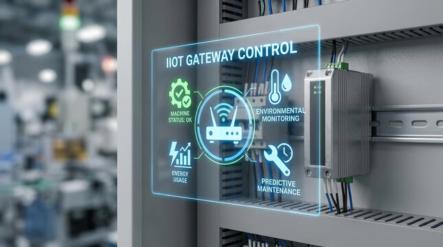 Industrial IoT gateway controller in manufacturing environment enables predictive maintenance and environmental monitoring for efficient energy usage and machine status control
