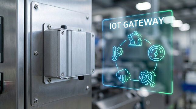 IoT gateway device in manufacturing environment with controller and automation icons representing smart factory technology and industrial control system innovation
