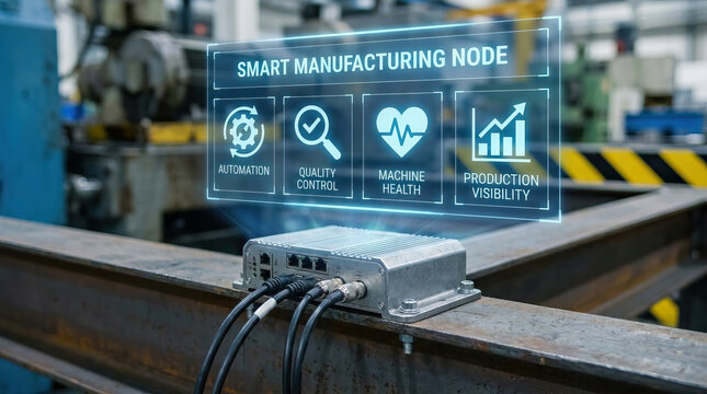 Smart manufacturing gateway controller device connected with cables in industrial environment showing iot technology for automation quality control machine health and production visibility