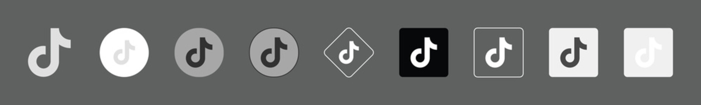 Set of tiktok social media icons in various styles, including flat, outlined, and rounded shapes, monochrome vector design