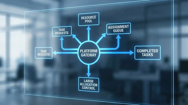Gig economy platform marketplace concept with resource pool assignment queue labor allocation control and task requests for efficient workflow management