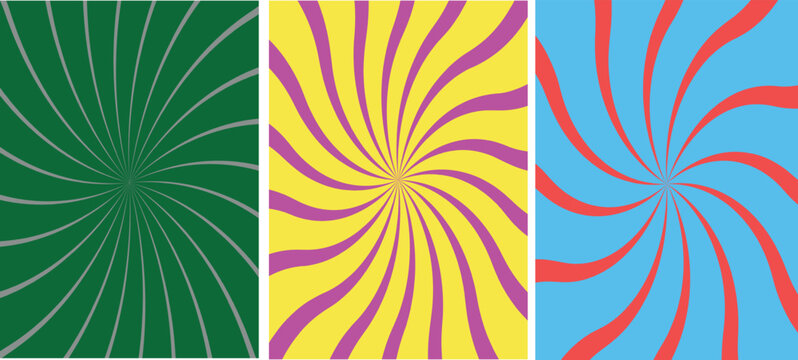 Retro sunburst background set with 3 colorful spiral radial patterns. Psychedelic swirl sunburst textures in green, yellow, and blue. Vintage pop art sunbeam vector illustration for posters.
